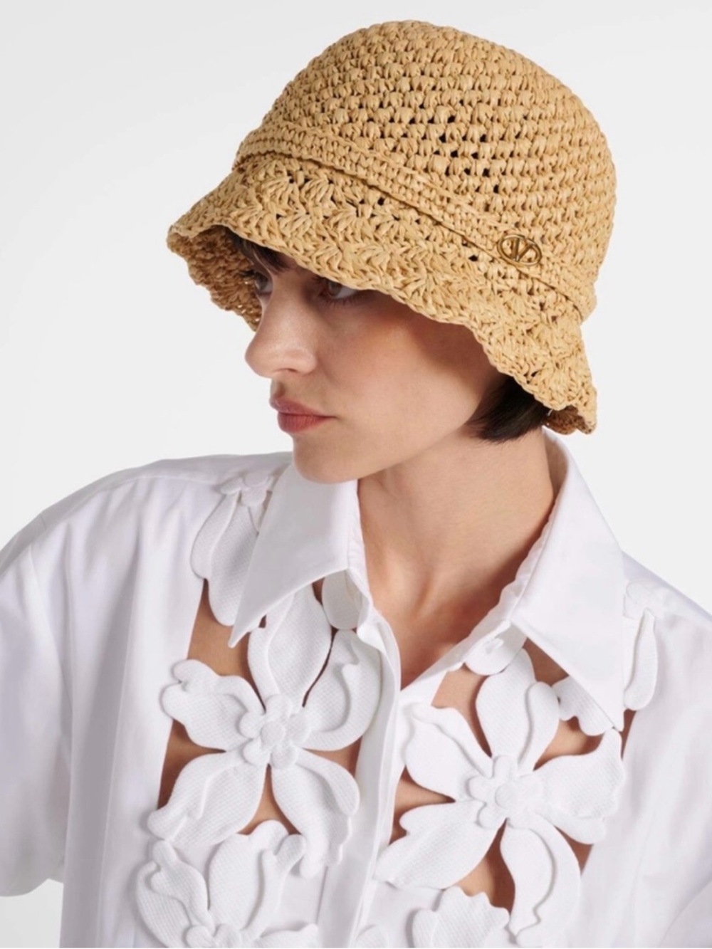 NEW VALENTINO GARAVANI Garden Crochet Raffia Bucket Hat With V-Logo m/l